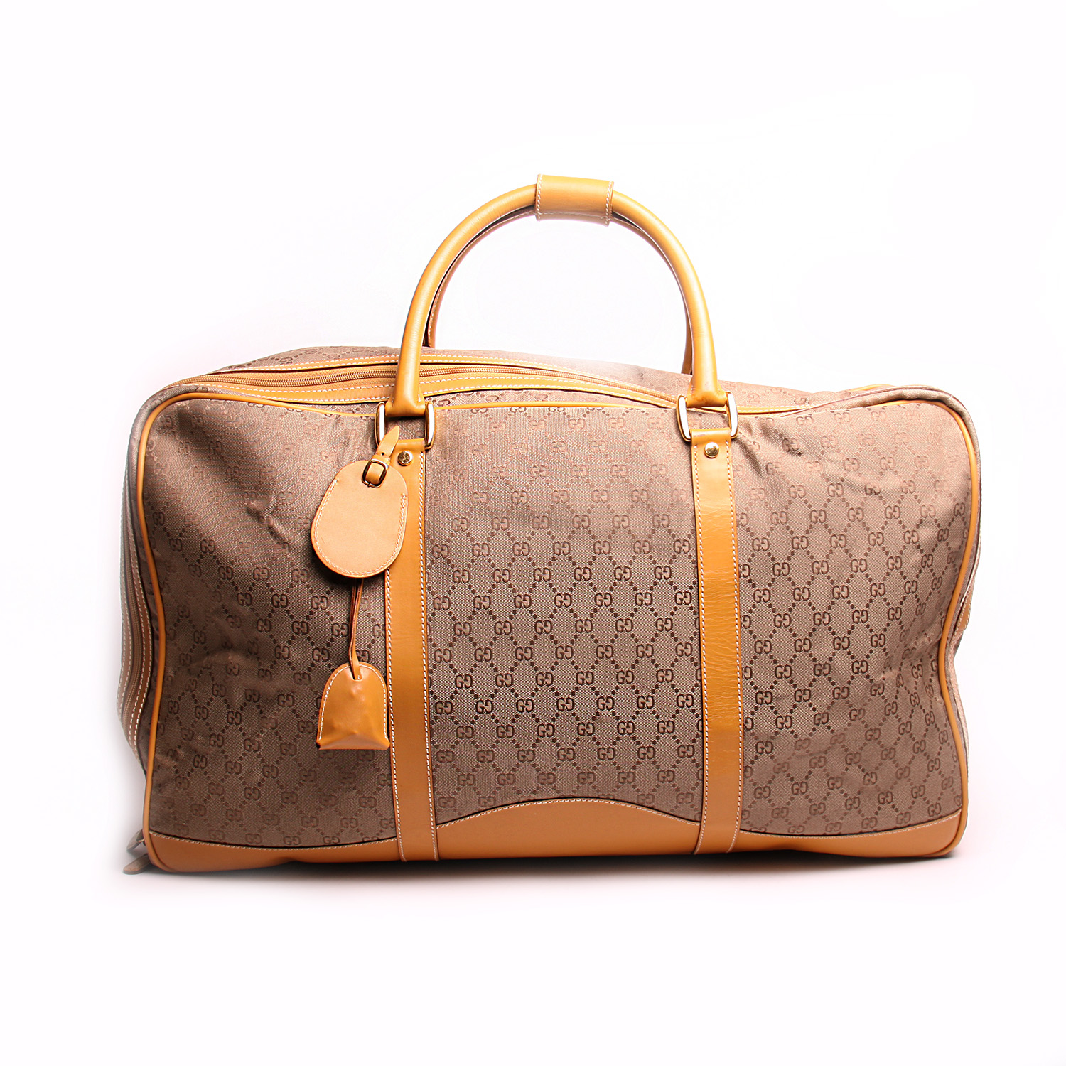 Gucci Vintage Tan GG Supreme Canvas Medium Weekender Travel Bag