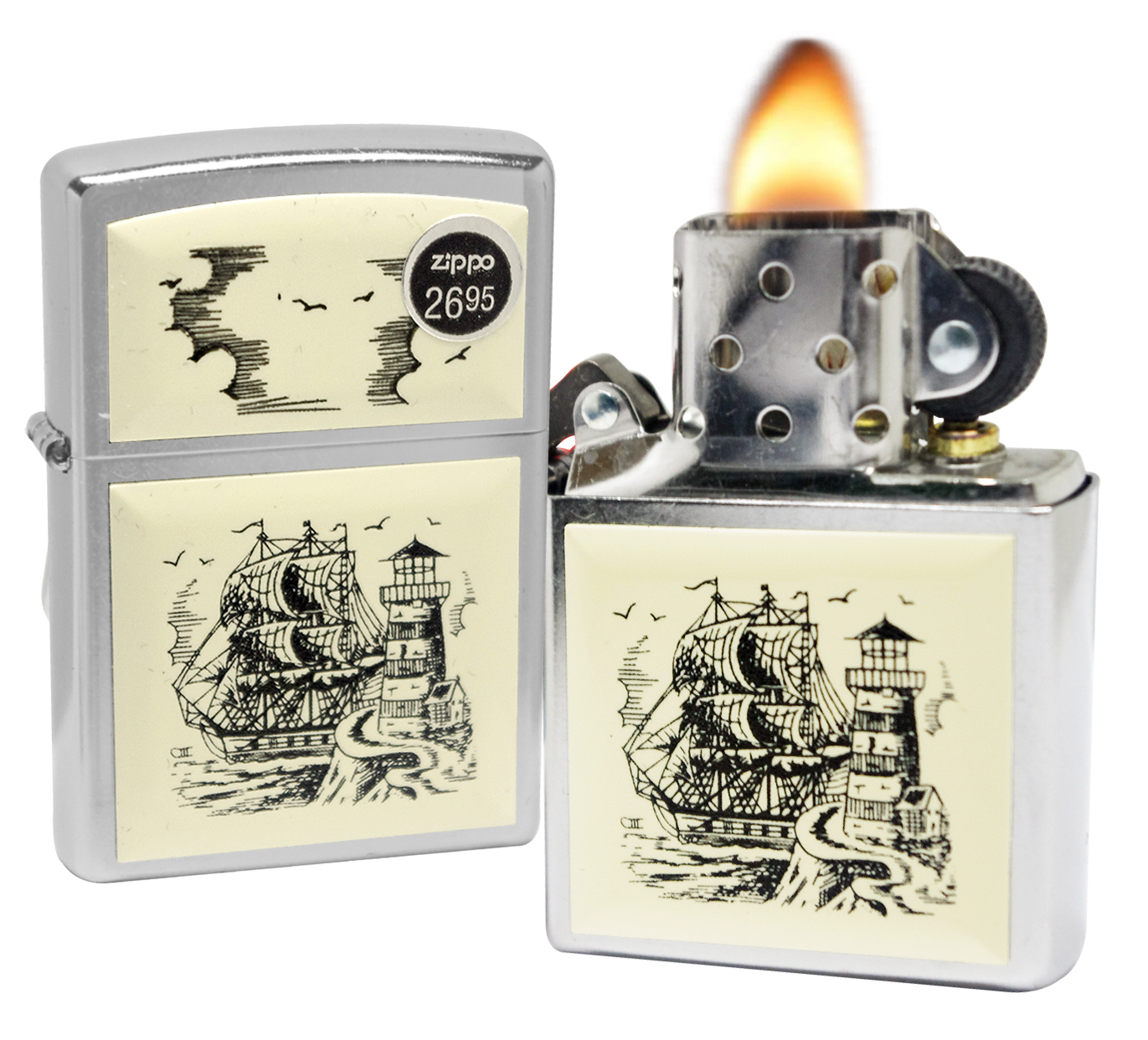 Zippo 29397 Scrimshaw Ship Lighthouse Street Chrome Finish Emblem