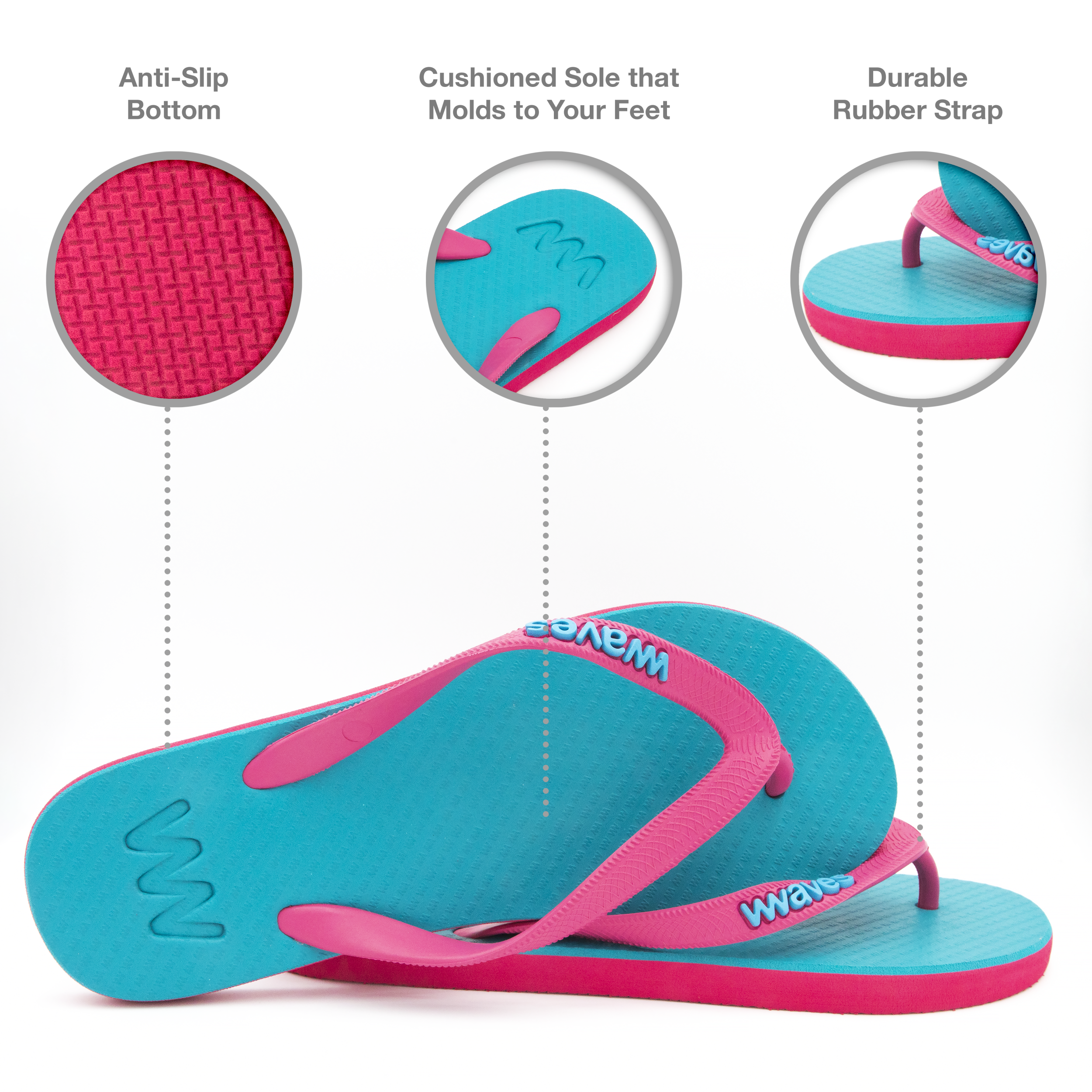 Waves Turquoise and Magenta Real Rubber Thong Flip Flops for