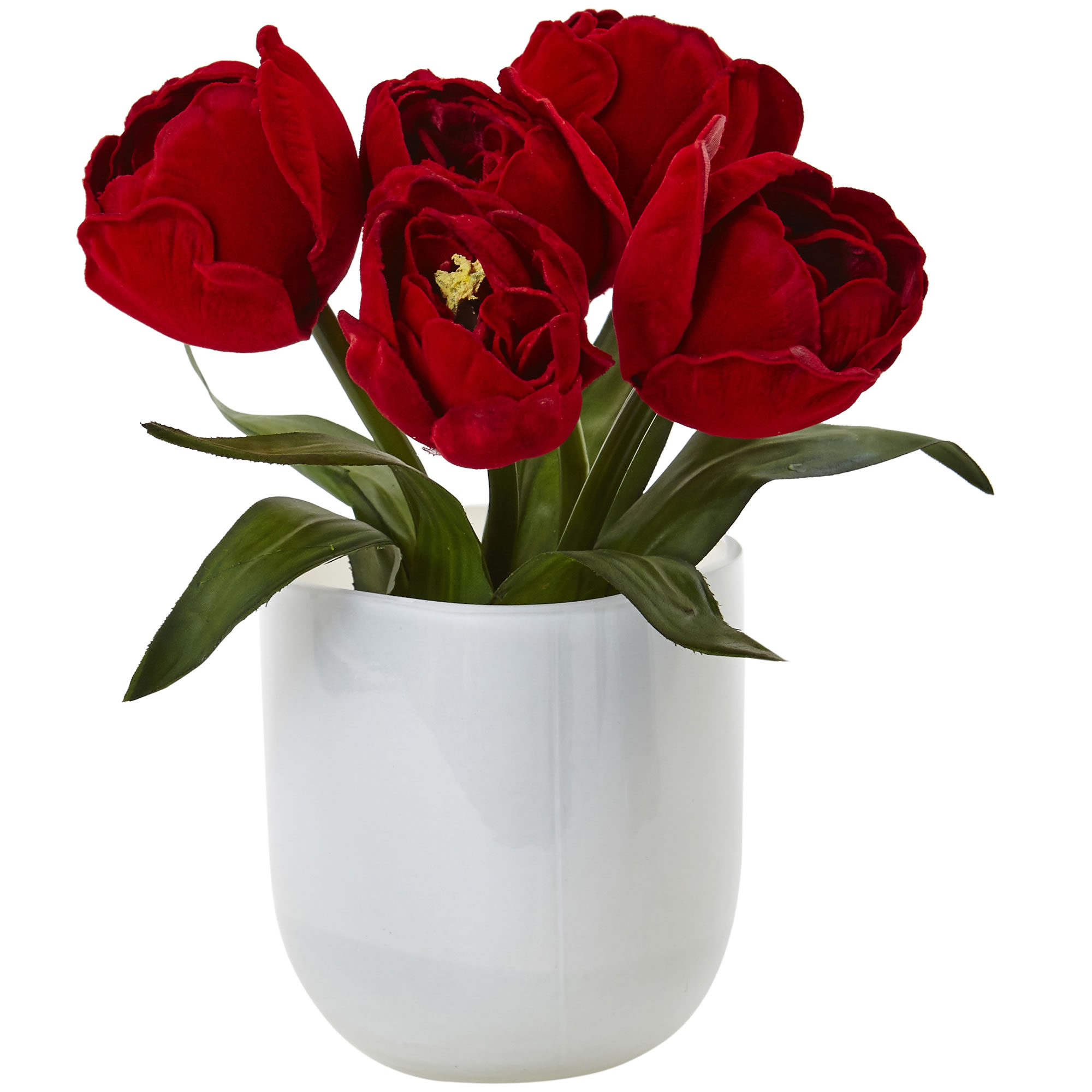 Tulips W/White Glass Vase Red Flower Nearly Natural Home Decor 8.5