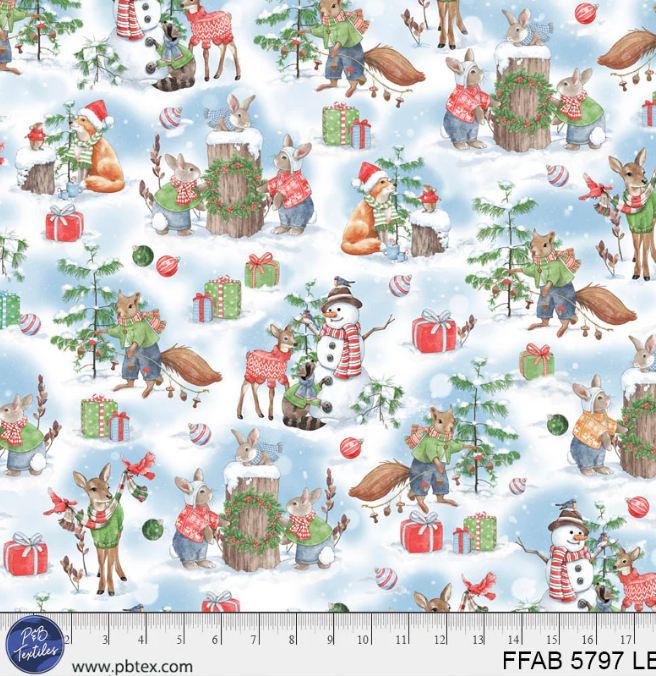 Cotton Frost & Fable Festive Scenic Christmas Snowmen Animals Holiday Season Winter P&B Textiles Multicolor Cotton Fabric Print by the Yard (FFAB-05797-LB)