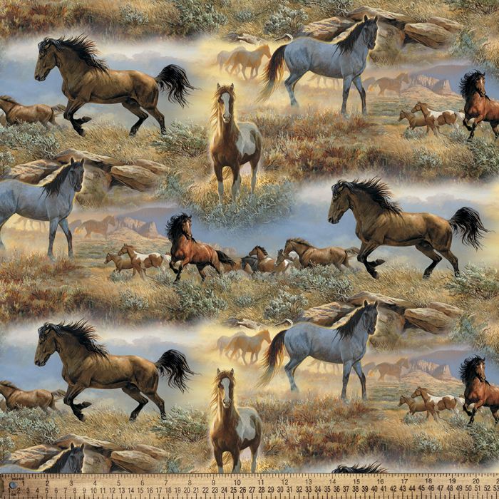 Cotton Horse In The Prairie Horses Multicolor Fabric Print by Yard D471.70