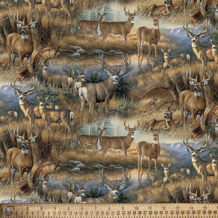 Cotton Deer Glance Bucks Does Antlers Multicolor Fabric Print by Yard D772.97