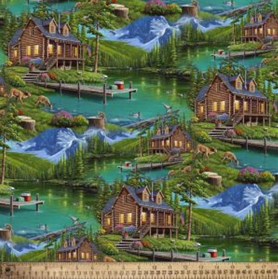Cotton Harmony Log Cabins Lakes Multicolor Fabric Print by Yard D772.98