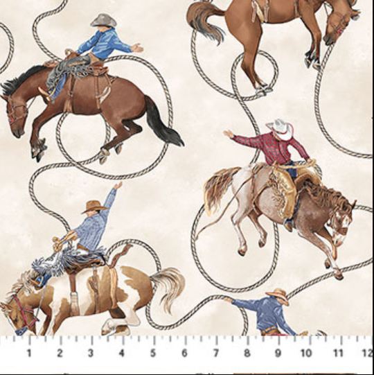 Cotton Cowboy Blues Western Rodeos Bucking Broncos Horses Lassos Wild West Northcott Cream Cotton Fabric Print by the Yard (DP28145-12)