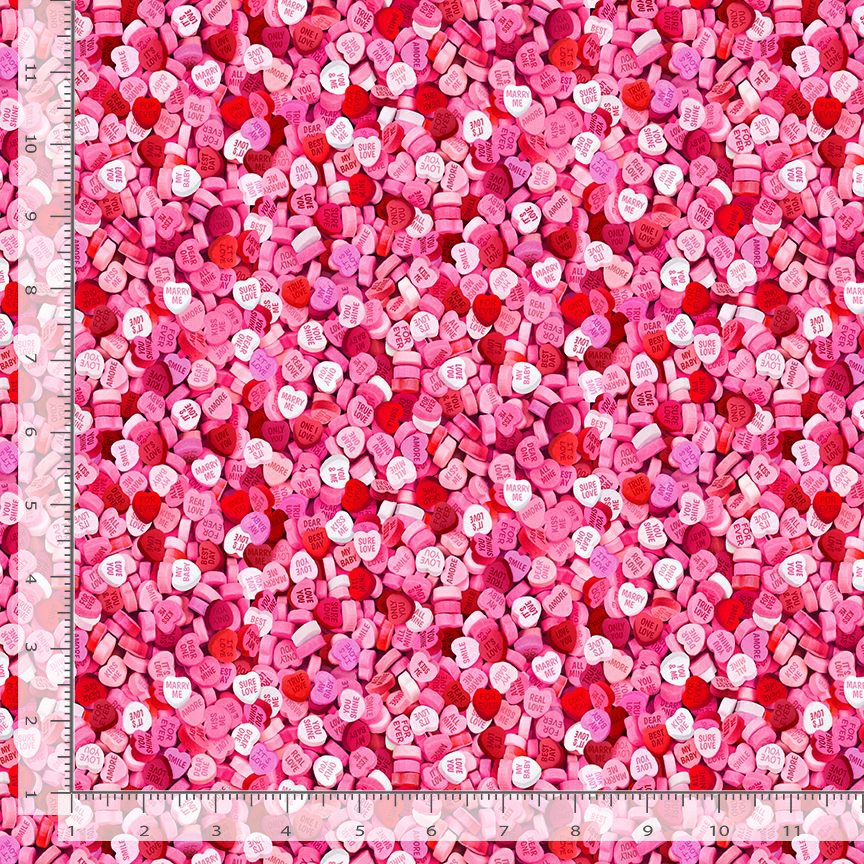 Cotton Be Mine Valentine Candy Hearts Conversation Hearts Valentine's Day Sweethearts Love Timeless Treasures Pink Cotton Fabric Print by the Yard (LOVE-CD3193-CANDY)