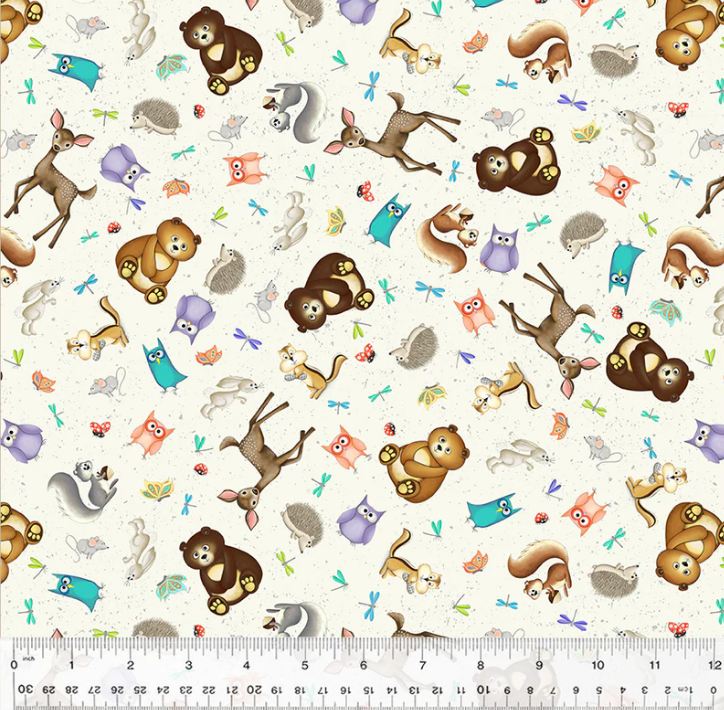 Cotton Enchanted Woods Woodland Friends Bears Owls Deer Bunnies Rabbits Hedgehogs Windham Fabrics Ivory Cotton Fabric Print by the Yard (54524-4)