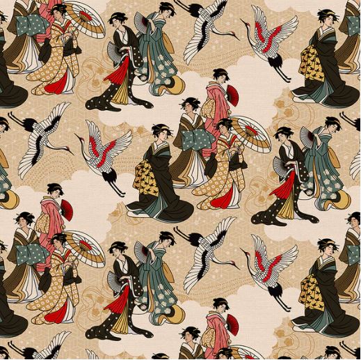 Cotton Kimonos & Koi Japanese Ladies Geishas Flying Cranes Paintbrush Studio Cream Cotton Fabric Print by the Yard (12024327)