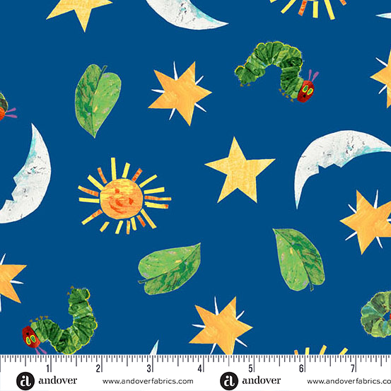 Cotton The Very Hungry Caterpillar Eric Carle Snack Time Sun Moon Stars Officially Licensed by Andover Fabrics Blue Cotton Fabric Print by the Yard (A-1439-B)