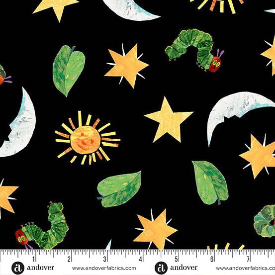 Cotton The Very Hungry Caterpillar Eric Carle Snack Time Sun Moon Stars Officially Licensed by Andover Fabrics Black Cotton Fabric Print by the Yard (A-1439-K)