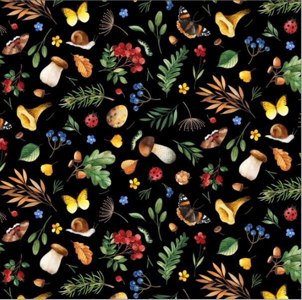 Cotton Who Lives in the Woods Forest Woodland Mushrooms Leaves Acorns Ladybugs Butterflies Floral Berries Elizabeth Studios Black Cotton Fabric Print by the Yard (725BLACK)