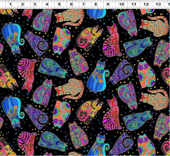 Cotton Fantasticats by Laurel Burch Bright Colored Cats Art Gold Metallic Clothworks Black Cotton Fabric Print by the Yard (Y4343-3MBLACK)