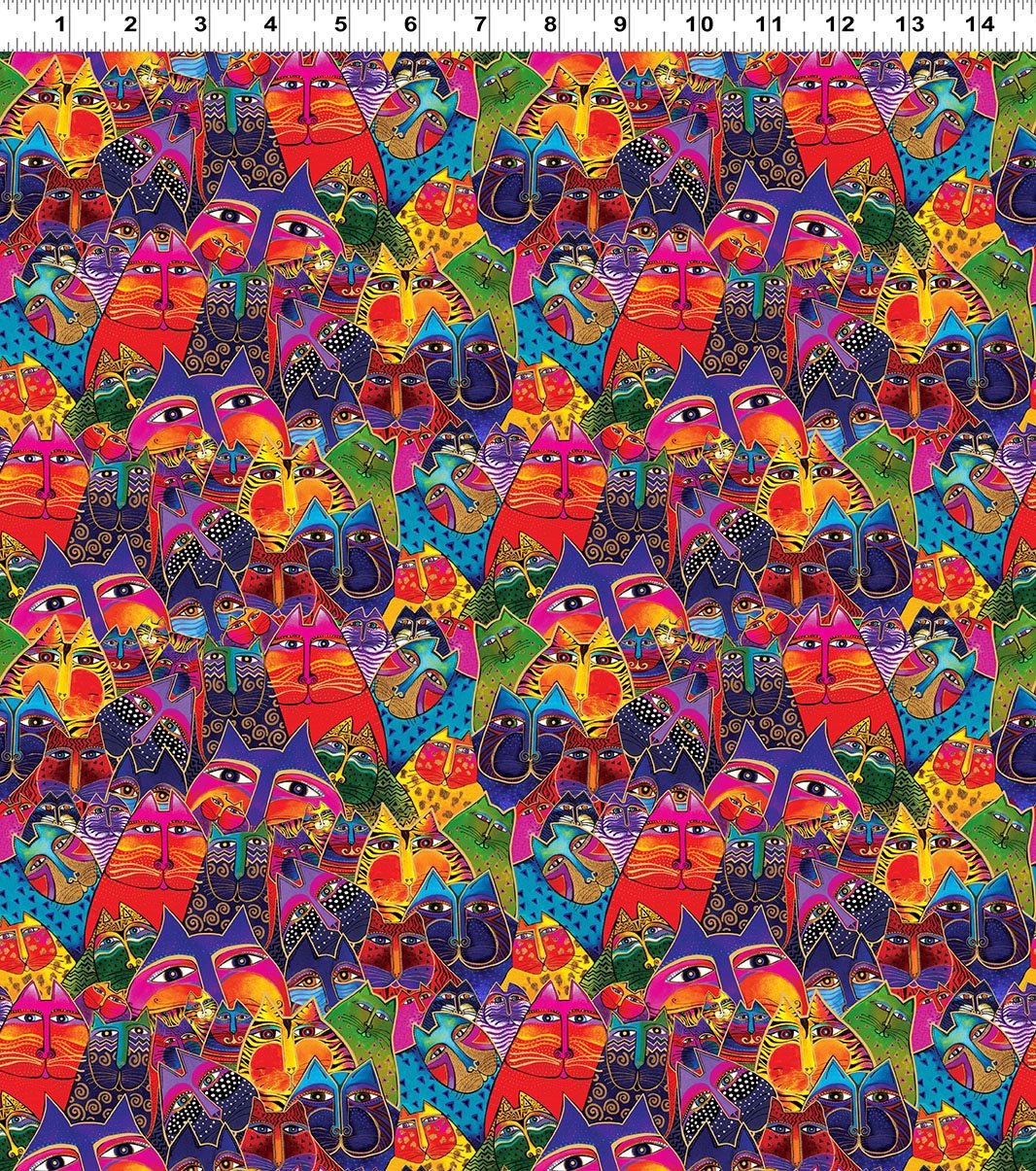 Cotton Fantasticats by Laurel Burch Bright Colored Cats Packed Allover Tossed Digital Print Gold Metallic Clothworks Multicolor Cotton Fabric Print by the Yard (Y4342-55MMULTI)