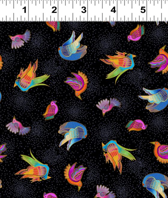 Cotton Fantasticats by Laurel Burch Colorful Rainbow Birds Flying Digital Print Clothworks Black Cotton Fabric Print by the Yard (Y4346-3BLACK)