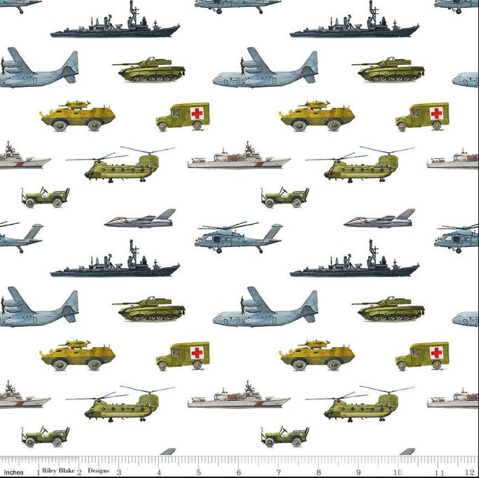 Cotton Letters From Home Transport Military Army Tanks Planes Boats Helicopters Riley Blake White Cotton Fabric Print by the Yard (C15612-WHITE)