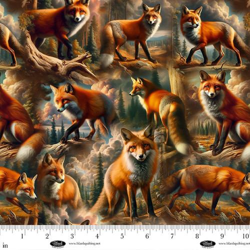 Cotton Wilderness Song Digital Print Amber Foxes in Cloudy Forest Pine Trees Nature Blank Quilting Cotton Fabric Print by the Yard (4180-33)