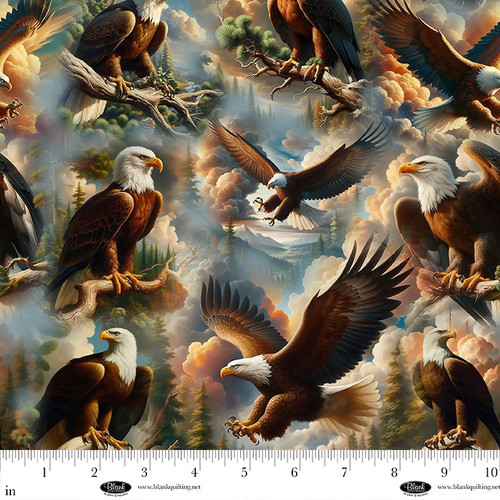 Cotton Wilderness Song Digital Print Brown Majestic Bald Eagle Mountain Forest Cloud Blank Quilting Cotton Fabric Print by the Yard (4179-39)