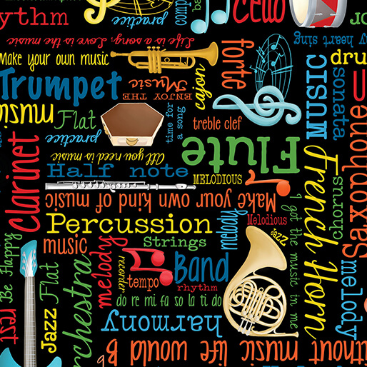 Cotton Making Music Musical Notes Words Colorful Instruments Jazz Bands Benartex Black Cotton Fabric Print by the Yard (14769-12)