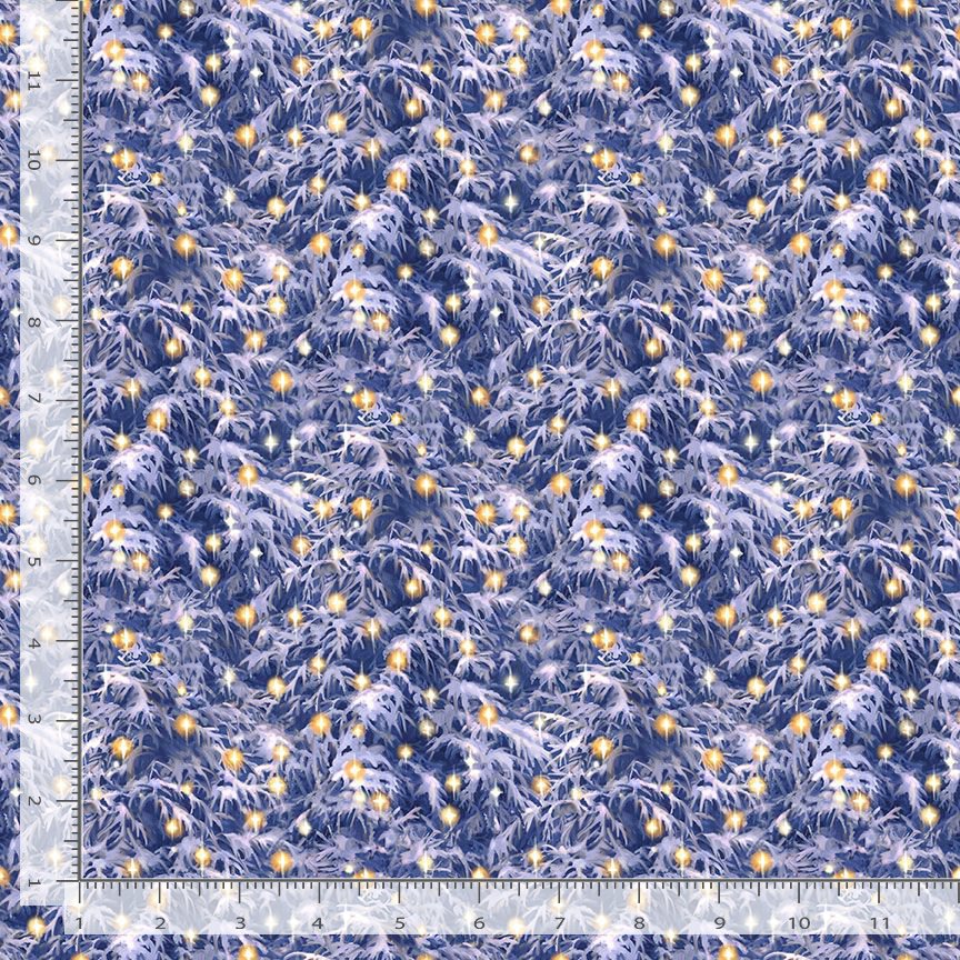 Cotton All is Calm Christmas Lights on Trees Snowy Branches Pines Needles Winter Season Timeless Treasures Frost Cotton Fabric Print by the Yard (DONA-CD3524-FROST)