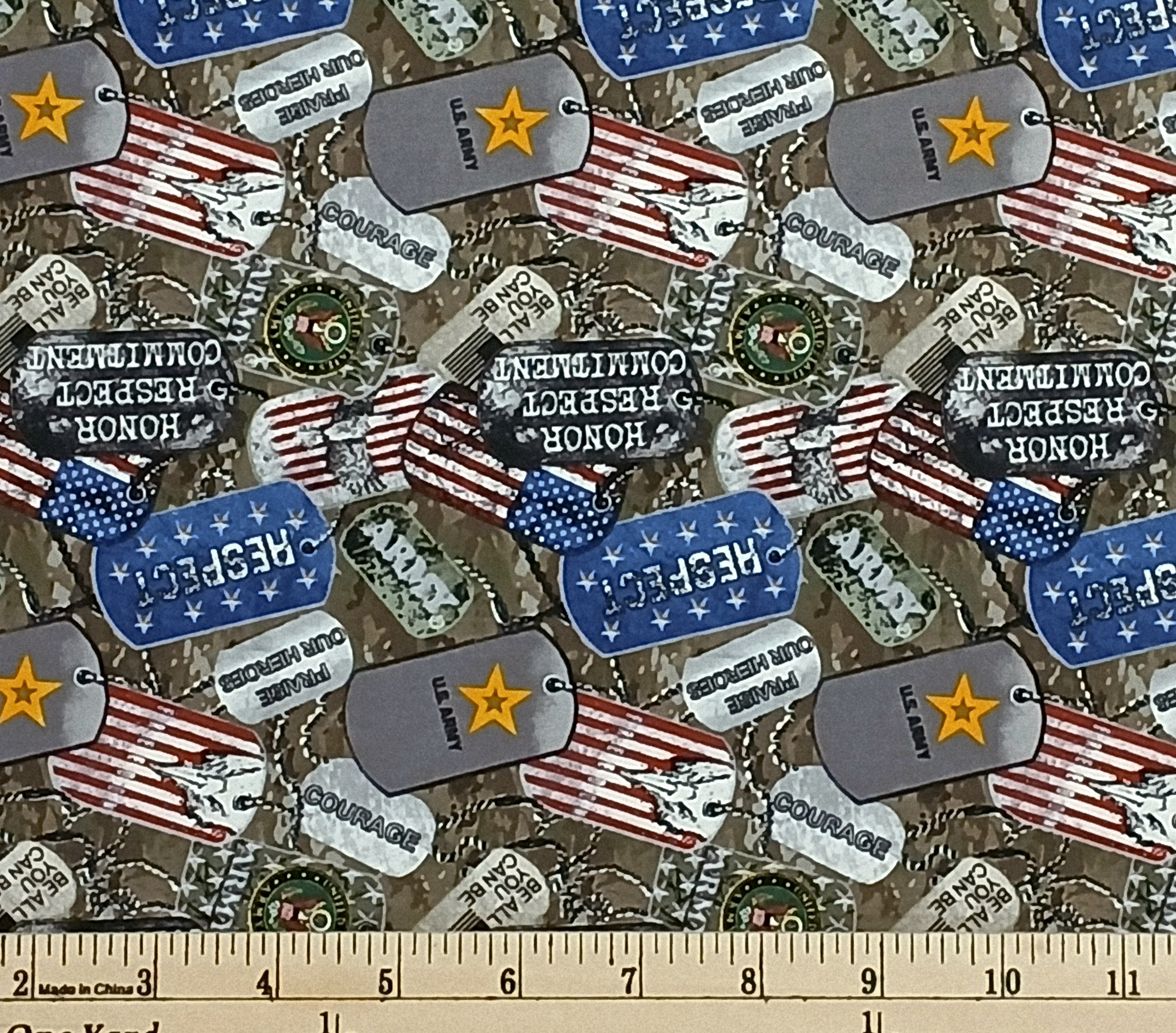 Cotton Army Military Dogtags Allover Honor Respect Patriotic American Flag USA Officially Licensed by Sykel Enterprises Multicolor Cotton Fabric Print by the Yard (1254A)