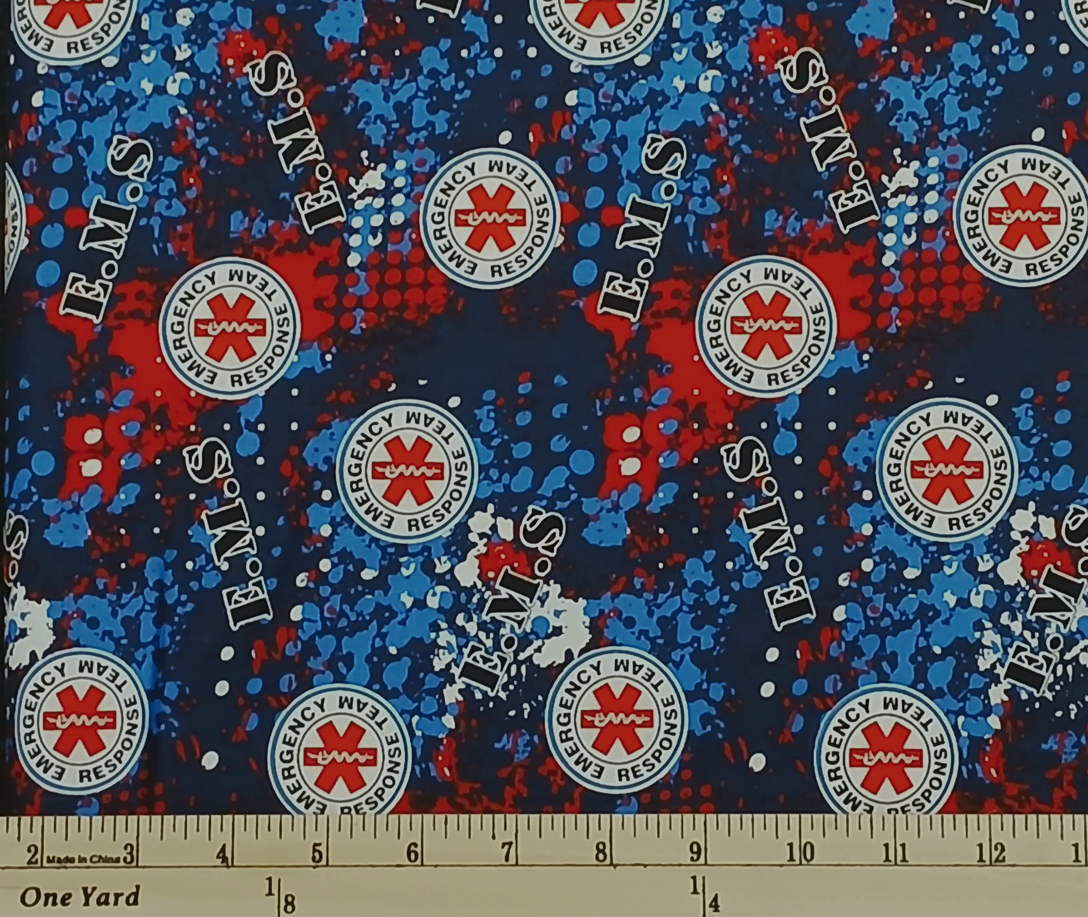 Cotton Rescue Abstract Logos E.M.S Emergency Response Team Medical Red Blue Officially Licensed by Sykel Enterprises Multicolor Cotton Fabric Print by the Yard (1180RES)