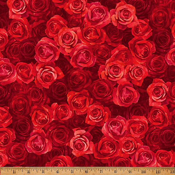 Cotton Flower Shoppe Scarlet Rose Valentines Day Love Hoffman California Fabrics Cotton Fabric Print by the Yard (W5476-78-SCARLET)