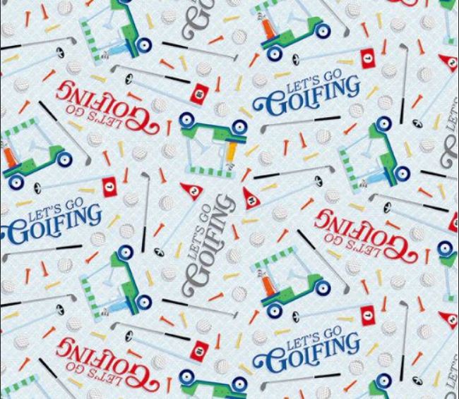 Cotton Let's Go Golfing Golf Ball Club Tee Cart Words Script Paintbrush Studio Cotton Fabric Print by the Yard (12025193)