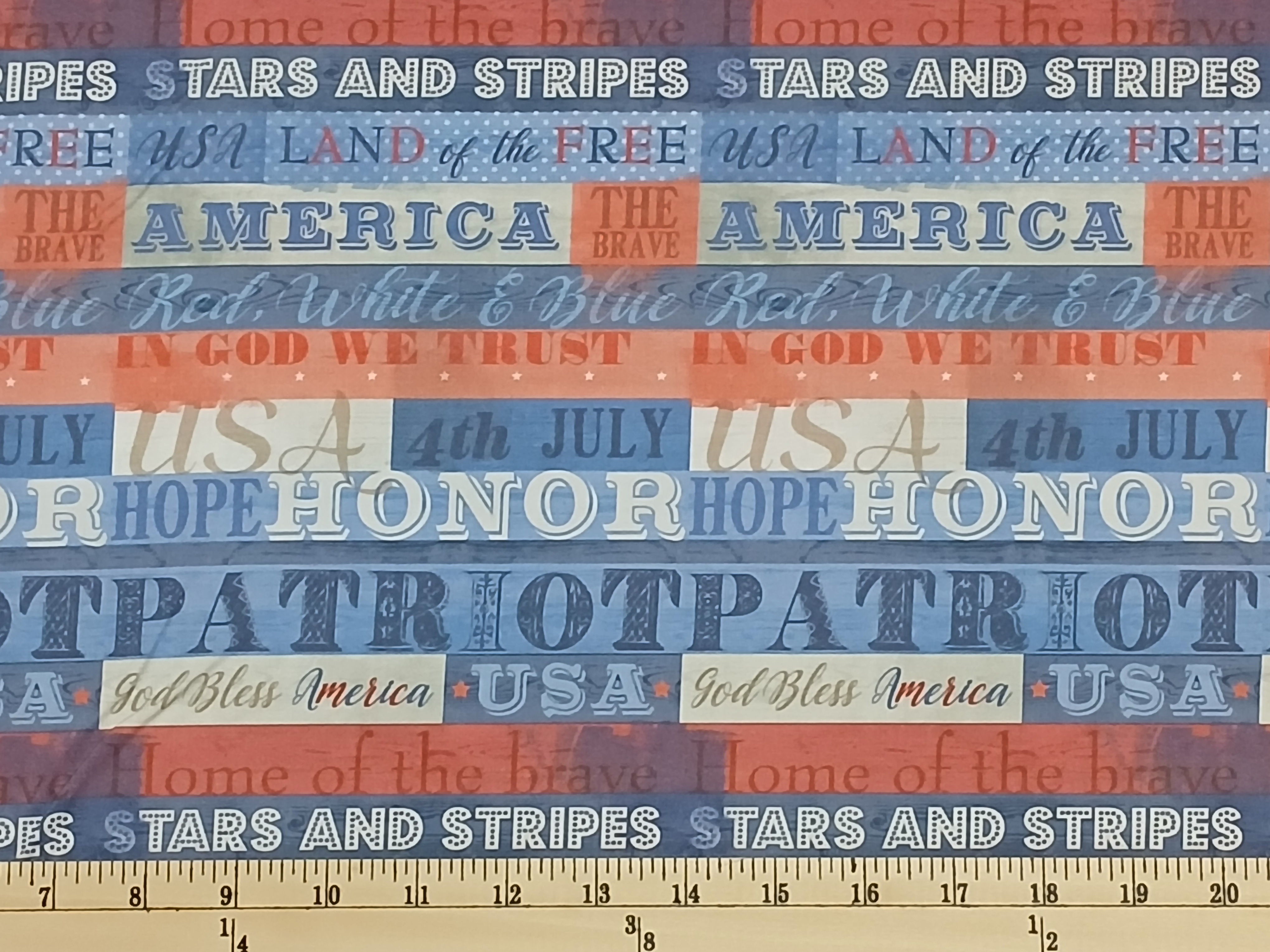 Cotton Fourth of July Patriotic Words Large America Stars and Stripes Independance Day Paintbrush Studio Cotton Fabric Print by the Yard (12021768)
