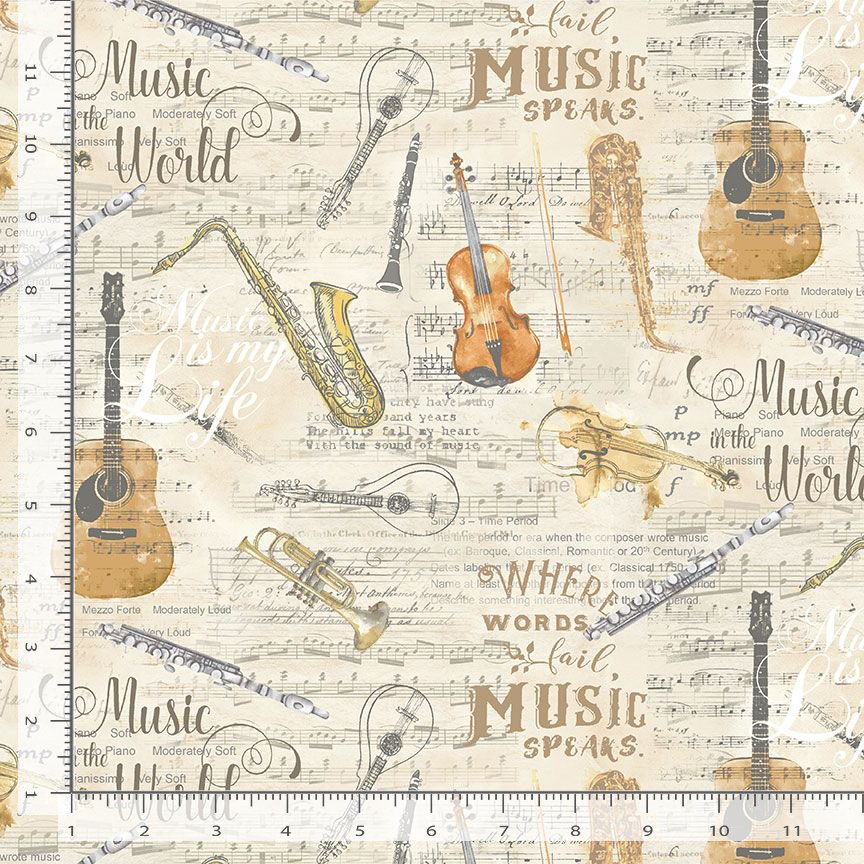 Cotton Sonata Instruments Sheet Music Classical Violins Trumpets Jazz Band Antique Words Timeless Treasures Cream Cotton Fabric Print by the Yard (MUSIC-CD3091-ANTIQUE)
