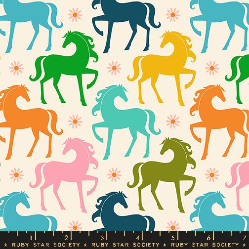 Cotton Carousel Natural by Melody Miller Colorful Horses Kids Carnival Rides Ruby Star Society Cotton Fabric Print by the Yard (RS0099-11)