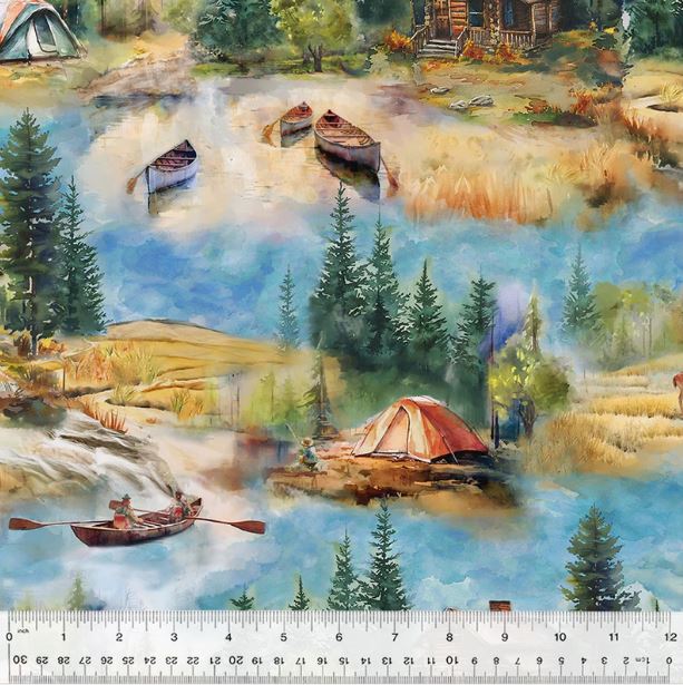 Cotton Outdoor Adventure Lakeside Cabin Tent Camping Canoe Water Forest Rustic Windham Fabrics Cotton Fabric Print by the Yard (54496-1)