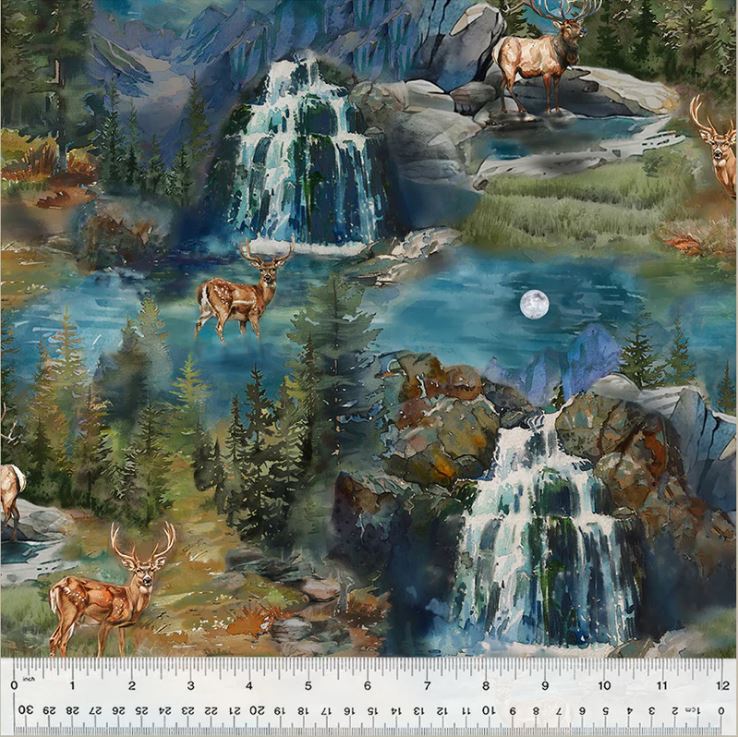 Cotton Outdoor Adventure Majestic Deer Elk Mountains Waterfalls Forest Trees Night Sky Windham Fabrics Cotton Fabric Print by the Yard (54497-2)