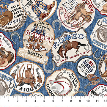 Cotton Cowboy Blues Western Cowboys Saddle Boots Hats Sayings Rodeo Denim Look Northcott Multicolor Cotton Fabric Print by the Yard (DP28147-44)
