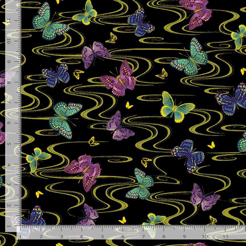 Cotton Floating Butterflies Metallic Colorful Butterfly Gold Swirls Patterns Timeless Treasures Black Cotton Fabric Print by the Yard (FLEUR-CM3172-BLACK)