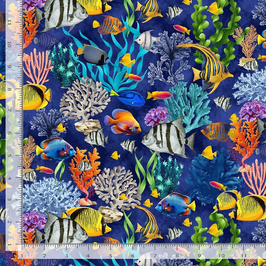 Cotton Coral Reef Life Ocean Underwater Nautical Sealife Tropical Fish Timeless Treasures Blue Cotton Fabric Print by the Yard (SEA-CD3130-REEF)