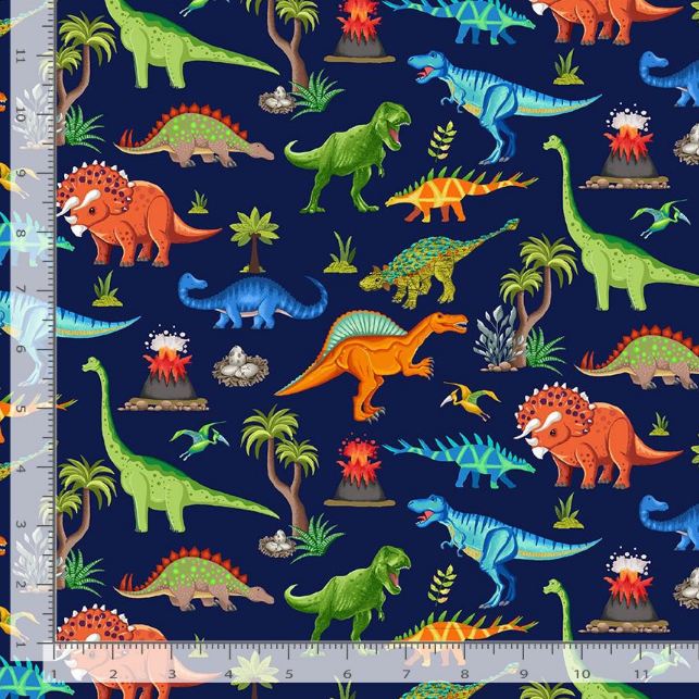 Cotton Dinosaur Dig Pre-historic Dinosaurs Scenic Eggs Volcanoes Greenery Novelty Timeless Treasures Navy Cotton Fabric Print by the Yard (DINO-CD3846)