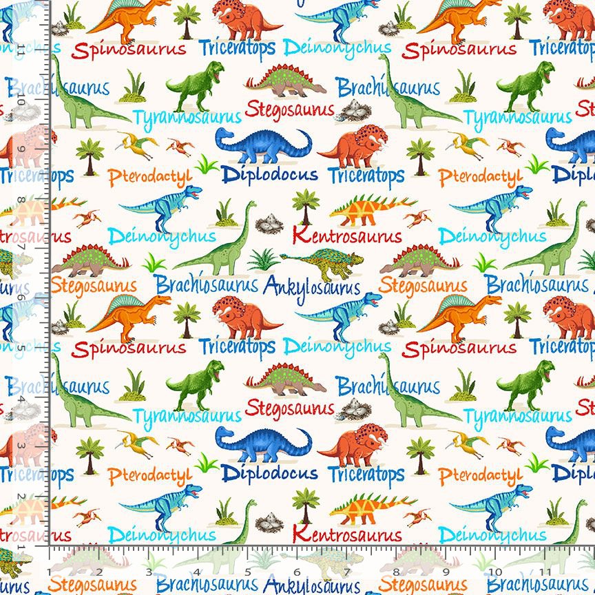 Cotton Dinosaur Dig Pre-historic Mini Dinosaurs and Names Novelty Greenery Timeless Treasures Cream Cotton Fabric Print by the Yard (DINO-CD3847-CREAM)