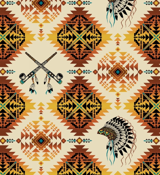 Cotton Native Spirit Aztec Native American Southwest Feathers Pipe Head-dress Elizabeth Studios Gold Cotton Fabric Print by the Yard (531GOLD)