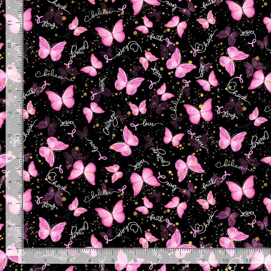 Cotton Pink Ribbons Butterflies Breast Cancer Awareness Faith Hope Believe Love Timeless Treasures Black Cotton Fabric Print by the Yard (FUN-CD3399 BLACK)