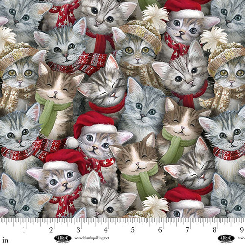 Cotton A Purr-Fect Holiday Season Cat Crowd Winter Cats With Christmas Hats and Scarves Blank Quilting Cotton Fabric Print by the Yard (4065-98)