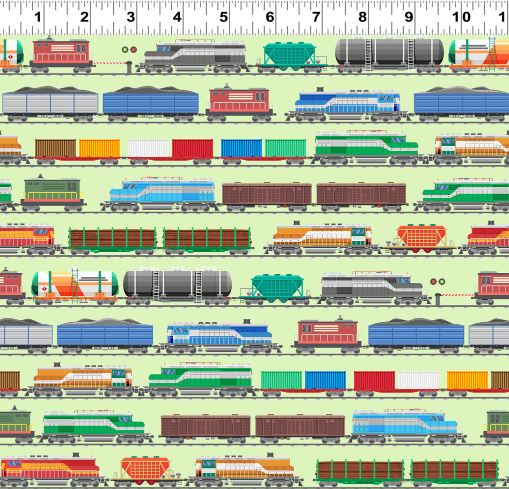 Cotton Let's Go Digital Trains Tracks Railways Rail Roads Travel Cargo Clothworks Light Green Cotton Fabric Print by the Yard (Y4466-20LIGHTGREEN)