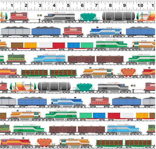 Cotton Let's Go Digital Trains Tracks Railways Rail Roads Travel Cargo Clothworks White Cotton Fabric Print by the Yard (Y4466-1WHITE)