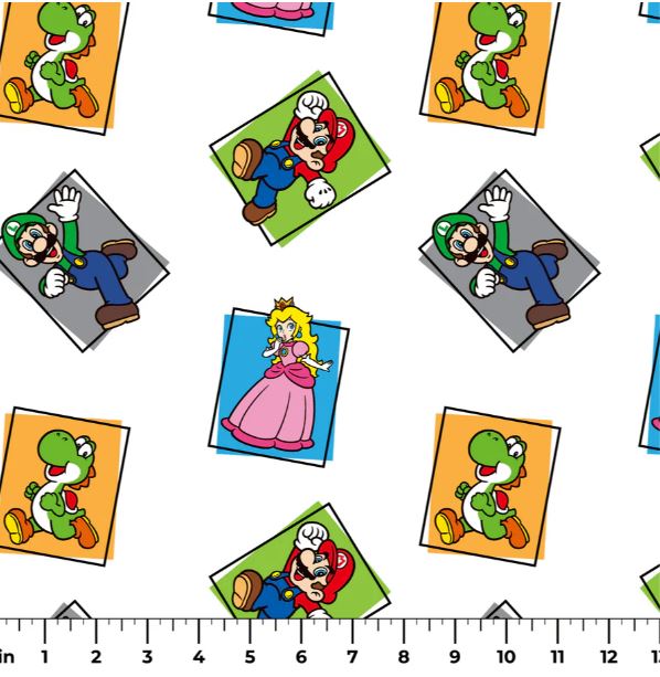 Cotton Mario Character Block Video Games Orange Blue Green Squares Officially Licensed by Springs Creative White Cotton Fabric Print by the Yard (80196-A62078)