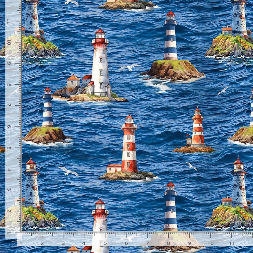 Cotton Beacon of Light Lighthouse Scenic Underwater Sea Nautical Seagulls Island Home Timeless Treasures Cotton Fabric Print by the Yard (SEA-CD3761)