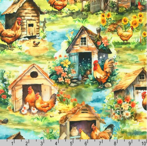 Cotton Home To Roost Chicken Coops Country Living Rooster Sunflowers Robert Kaufman Cotton Fabric Print by the Yard (SRKD-23169-276-COUNTRY)