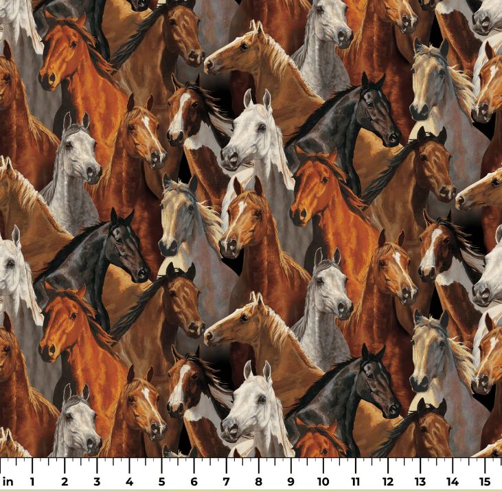 Cotton Rivers Bend Horses Packed Manes Mustangs Wild Mares Springs Creative Cotton Fabric Print by the Yard (1756-1283)
