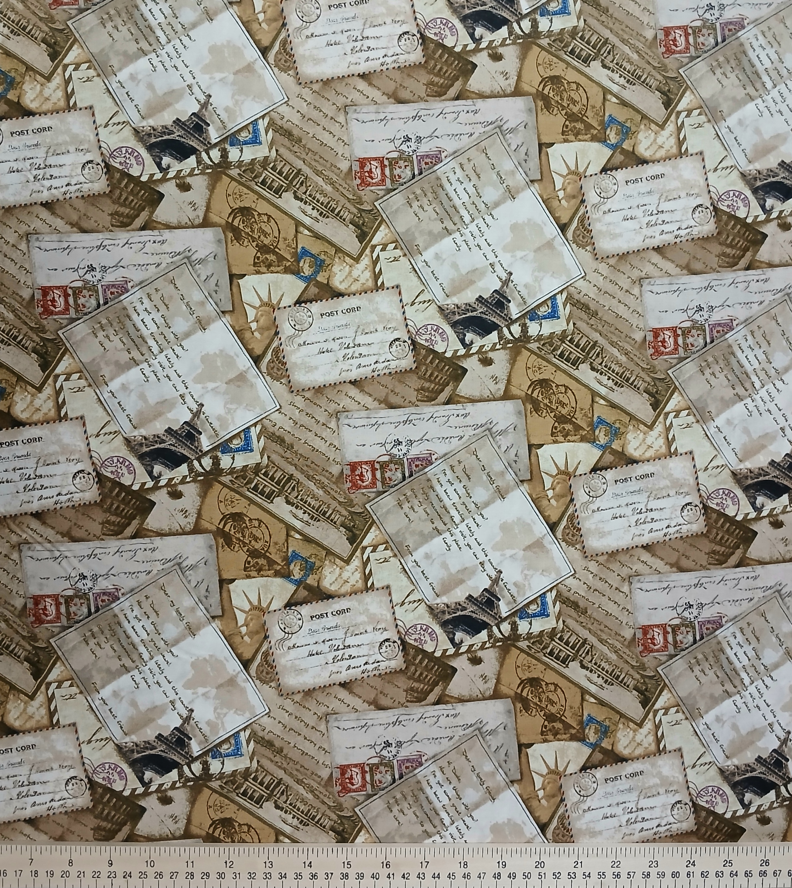 Cotton Dear Friends Letters Notes Post Address Postcards Stamps Paintbrush Studio Cotton Fabric Print by the Yard (120-15061)