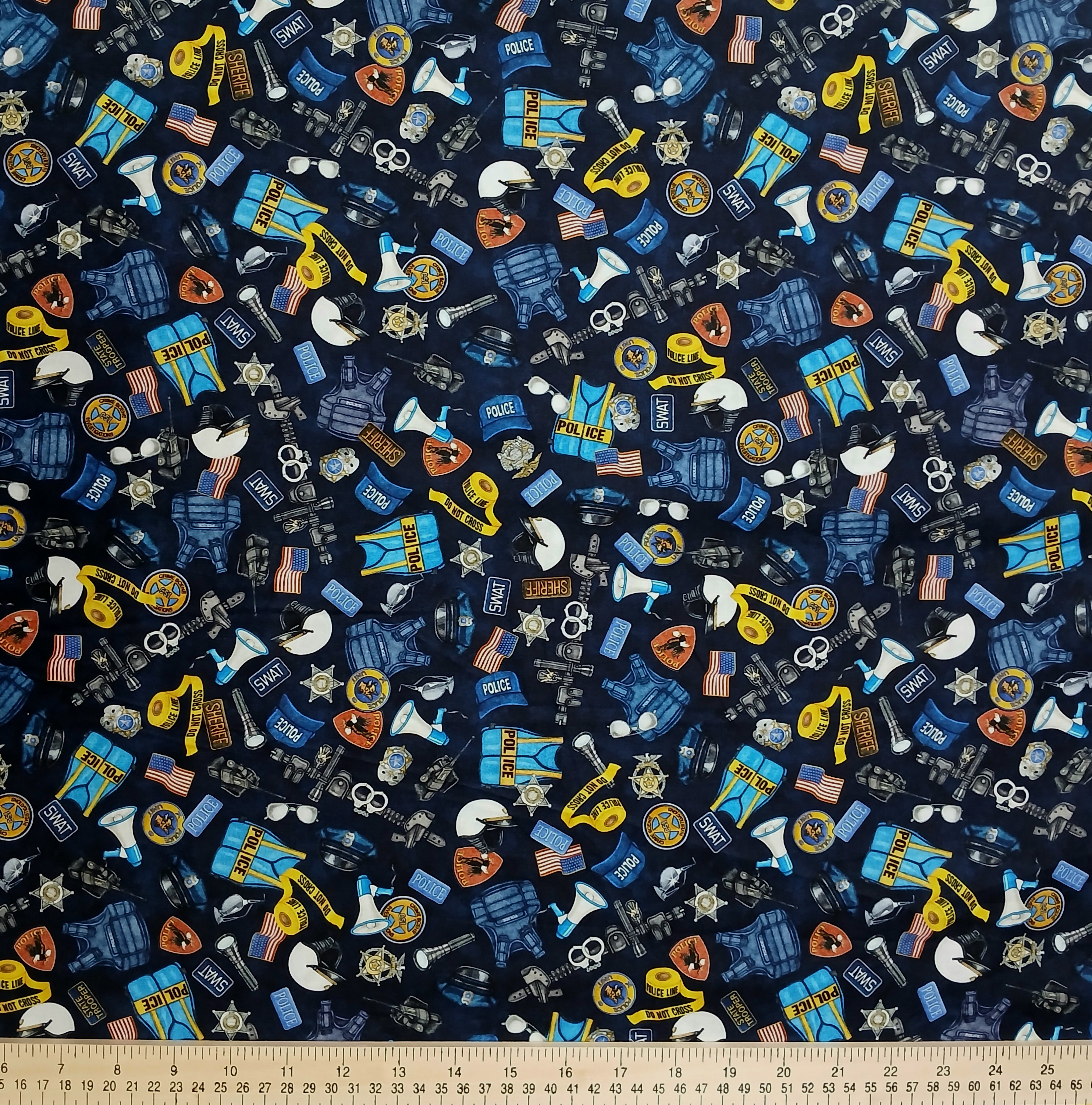 Cotton American Heroes Police America Handcuffs Badge Vest Belt Flashlight Flag Quilting Treasures Cotton Fabric Print by the Yard (2600-30688-N)