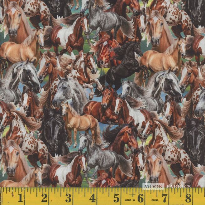 Cotton MK Horses Stallion Horses Running Pasture All Over Jumping Mook Fabrics Cotton Fabric Print by the Yard (139634)