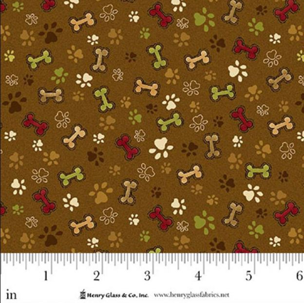 Cotton Home is Where the Dog is II Dog Bone Paw Prints All over on Brown Henry Glass Cotton Fabric Print by the Yard (1861-38)